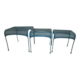 Nesting Patio Garden Metal Wire Side Tables Blue 1980s Salterini Style Set of 3 For Sale
