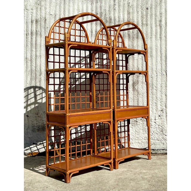 Vintage Coastal Grid Rattan Etagere - a Pair For Sale - Image 4 of 10