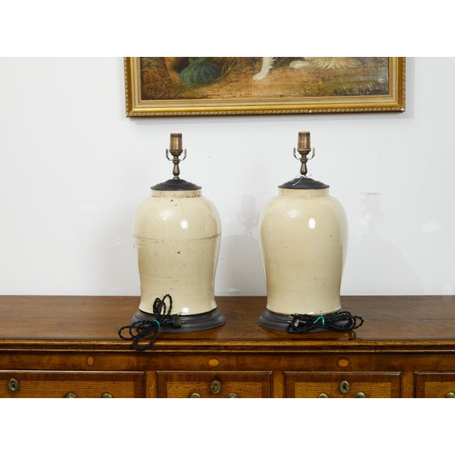Late 19th Century Pair of 1880s English Stoneware with Coat of Arms Made into Wired Table Lamps For Sale - Image 5 of 8