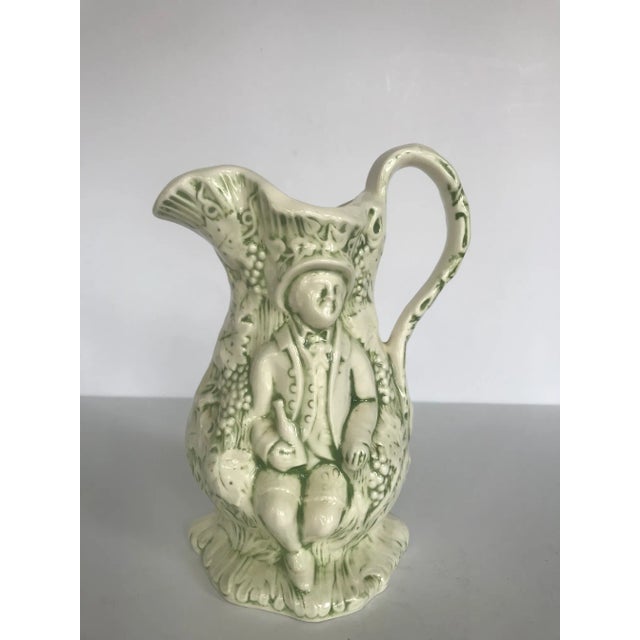 Green and White Ceramic Pitcher With Gentleman Figures and Grape Vines For Sale - Image 9 of 9