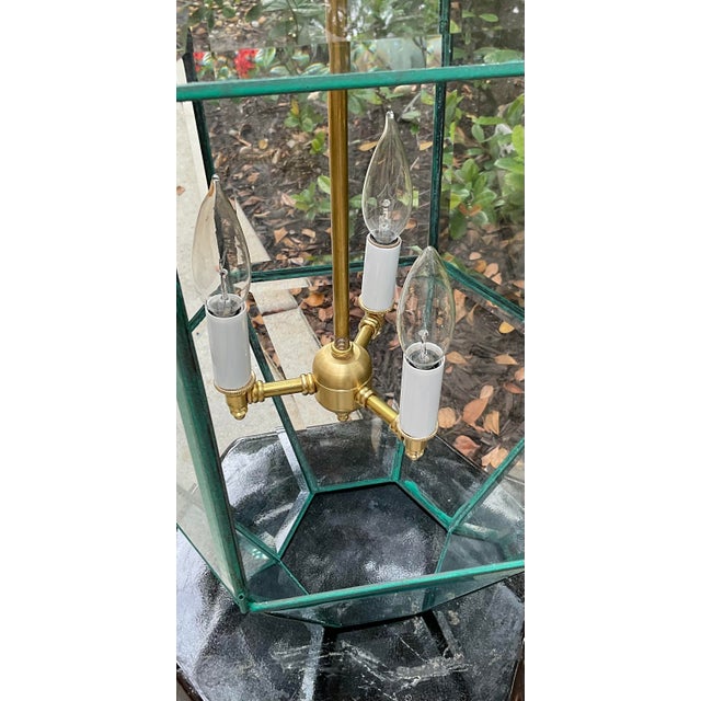 Green Vintage Hexagonal Hanging Lantern Solid Brass Foyer Pendant Light For Sale - Image 8 of 14