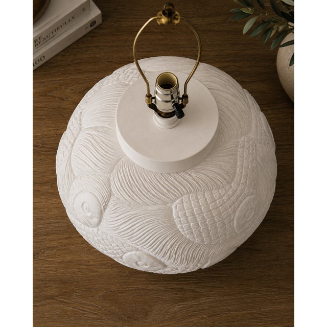 Large Vintage Sculptural White Bisque Porcelain Fish Relief Table Lamp, 1970s For Sale - Image 4 of 4