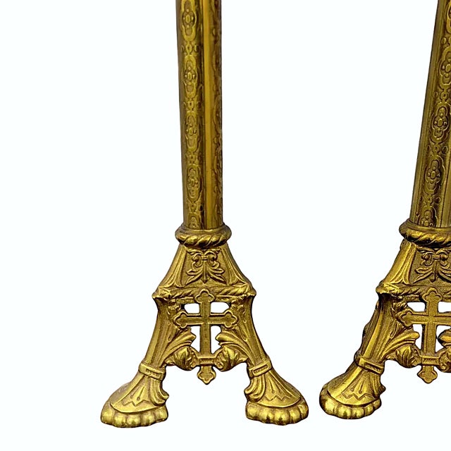 Late 19th Century Antique French Gothic Revival Gilt Brass Altar Candlesticks – Pair, 24 Inches For Sale - Image 5 of 7