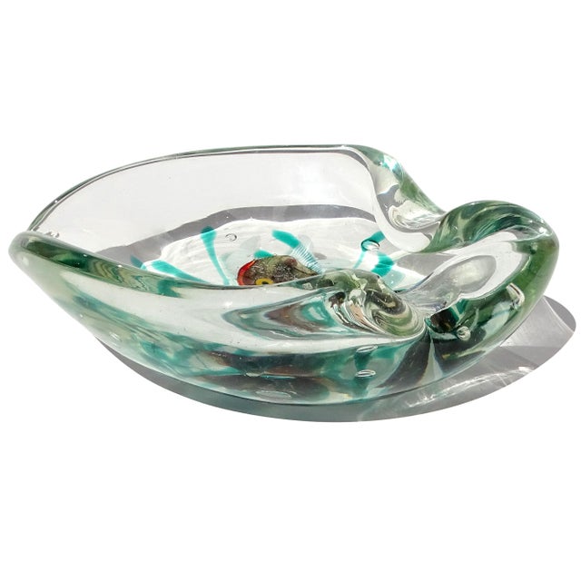 Murano Murano Seguso Dalla Venezia Vintage Italian Art Glass 3 Fish Silver Flecks Green Algae Ashtray Trinket Bowl For Sale - Image 4 of 8
