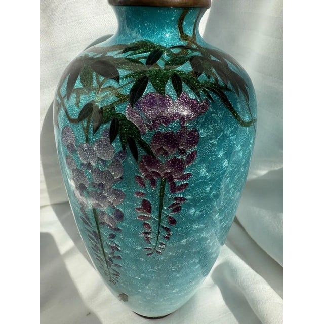 Japanese Japanese Cloisonne Enamel Vase Wisteria Ice Blue Ground 7 in Antique Meiji Era For Sale - Image 3 of 14