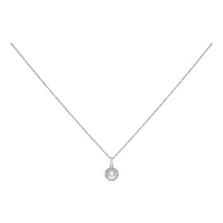 10K White Gold 5MM Cultured Pearl and Diamond Accent Halo Pendant Necklace For Sale