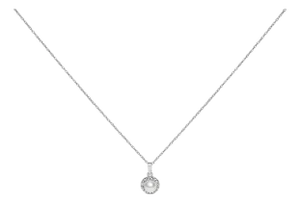 10K White Gold 5MM Cultured Pearl and Diamond Accent Halo Pendant Necklace