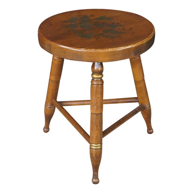 Vintage L Hitchcock Maple Cricket Piano Foot Stool Stenciled Fruit Tripod Base For Sale