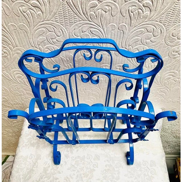 Vintage Mid Century Blue Enameled Scrolled Iron and Flowers Magazine Rack For Sale - Image 11 of 12