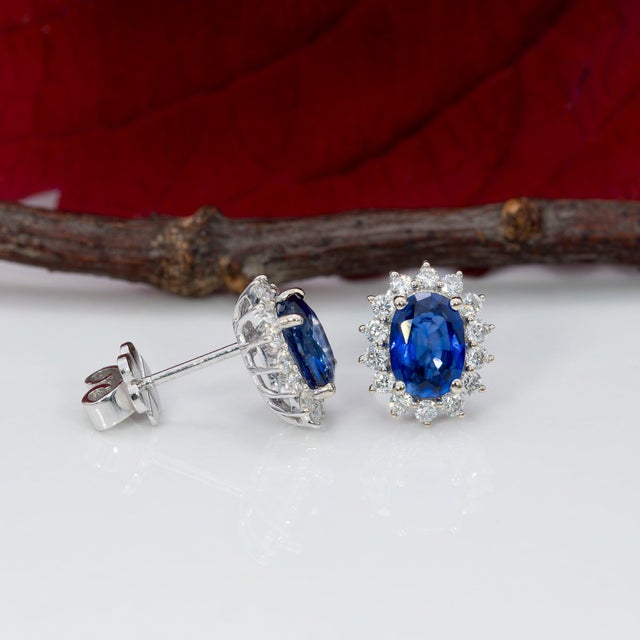 2020s 1.8Ct Ceylon Blue Sapphire Earrings With Diamond Accents: Solid 14k Gold, 7x5mm, Pair For Sale - Image 5 of 7