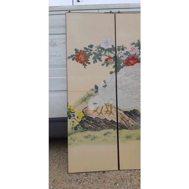 Three sliding panels printed on paper on a wooden frame, decorated with lyrebirds, Height: 246 cm, Width: 77 cm per panel,...