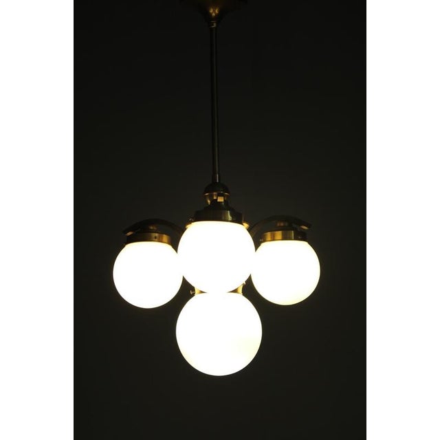 1930s Czechoslovak Art Deco Brass Chandelier with Four Opaline Glass Globes For Sale - Image 13 of 14