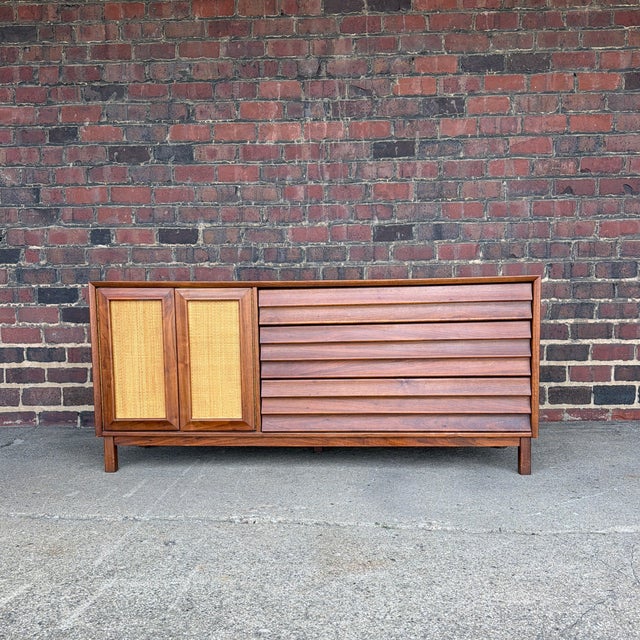 Mid-Century Modern American of Martinsville Wonderwood Walnut & Cane Credenza / Sideboard Dresser For Sale - Image 3 of 12