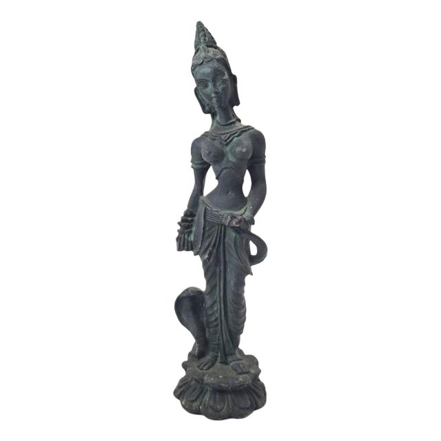 Vintage Southeast Asian Bronze Temple Dancer Sculpture on Lotus Base, 1970s For Sale
