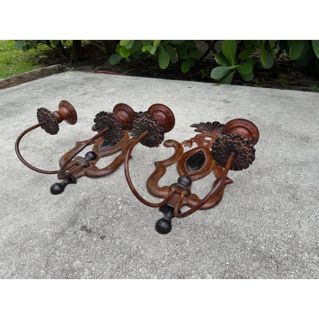 Early 20th Century Antique Spanish Revival Cast Iron Double Arm Wall Sconces, a Pair For Sale - Image 5 of 9