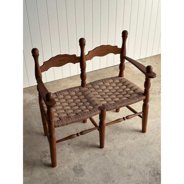 Vintage Sculptural Turned Wood Double Bench With Woven Rope Seat, C. 1950s For Sale - Image 13 of 14