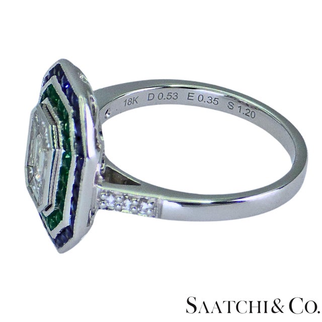 White 18k (750) Illusion Emerald Shape Natural Round VVS Diamond Sapphire Emerald Ring, Size 7 For Sale - Image 8 of 10