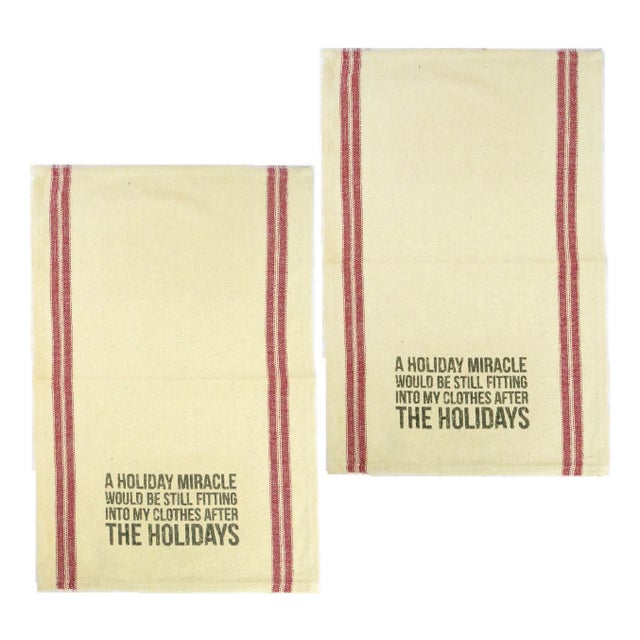 French Torchon Style Humorous Holiday Tea Towels, Pair For Sale