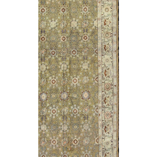 Olive green antique Oushak rug from Turkey with blossoms and palmettes, rug tu-cum-148, country of origin / type: Turkey /...