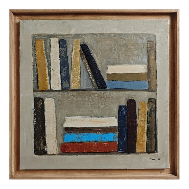 Point D’équilibre, Contemporary Abstract Bookshelf Oil Painting, Framed by Sophie Dumont For Sale