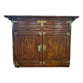 Vintage Chinese Campaign Style Walnut Server Cabinet For Sale