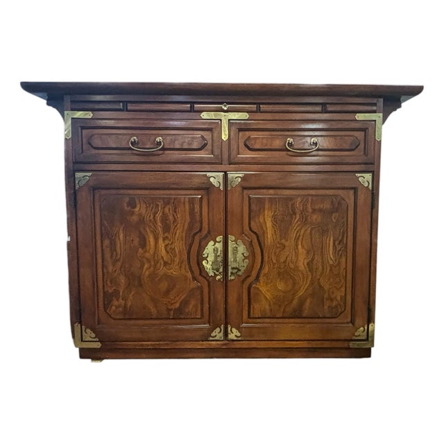 Vintage Chinese Campaign Style Walnut Server Cabinet For Sale