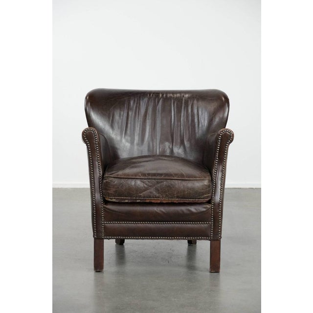 Dark Brown Armchair in Cowhide with a Reversible Kelim Seat Cushion For Sale - Image 3 of 17