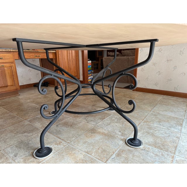 Arhaus Round Travertine Marble Mosaic Dining Room Table in Wrought Iron