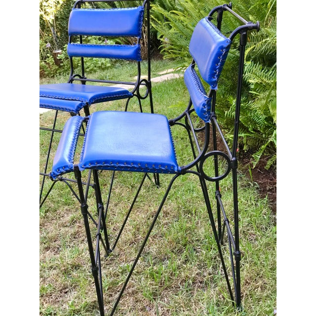 Chic Vintage Mid-Century Ilana Goor Style Counter Height (36” High Counter) Iron Stools - A Pair -in Blue Faux Leather For Sale - Image 12 of 12