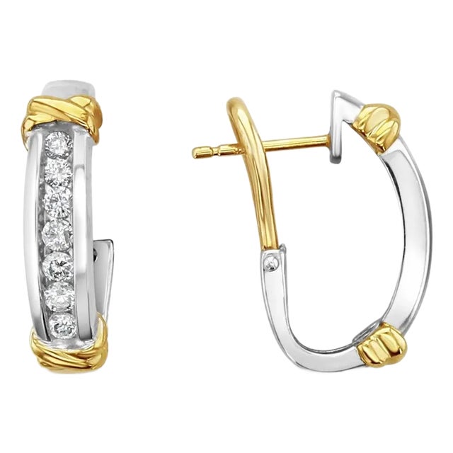 Channel Set Round Diamond Latchback Earrings .70cttw 14k Two-Toned Gold, 2 Pieces For Sale