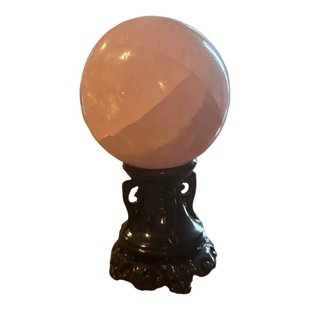 Polished Rose Quartz Crystal Sphere on Carved Pedestal Stand For Sale