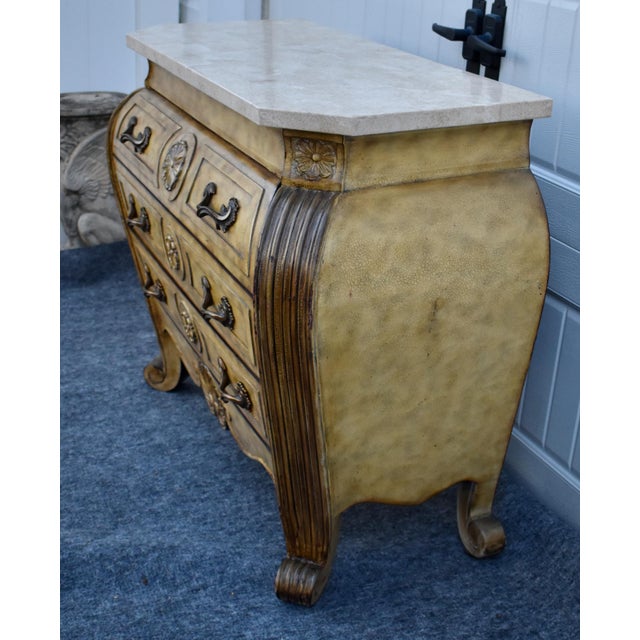 1990s Wood Marble Top Chest French Baroque Style Bombay Commode Carved 3 Drawer 90's For Sale - Image 5 of 18