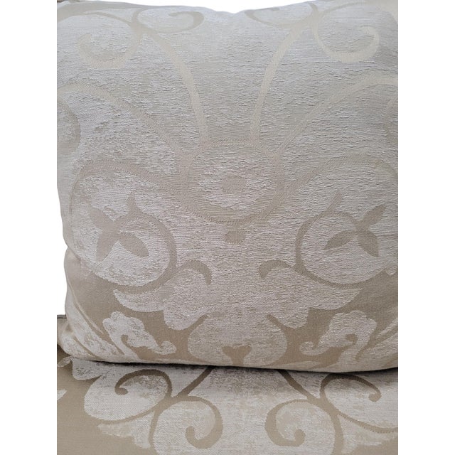 Custom English Roll Arm Bench Seat Damask Loveseat With Pleated Skirt For Sale - Image 10 of 13