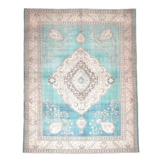 1960s Vintage Persian Handmade Wool Cotton Turquoise Area Rug For Sale