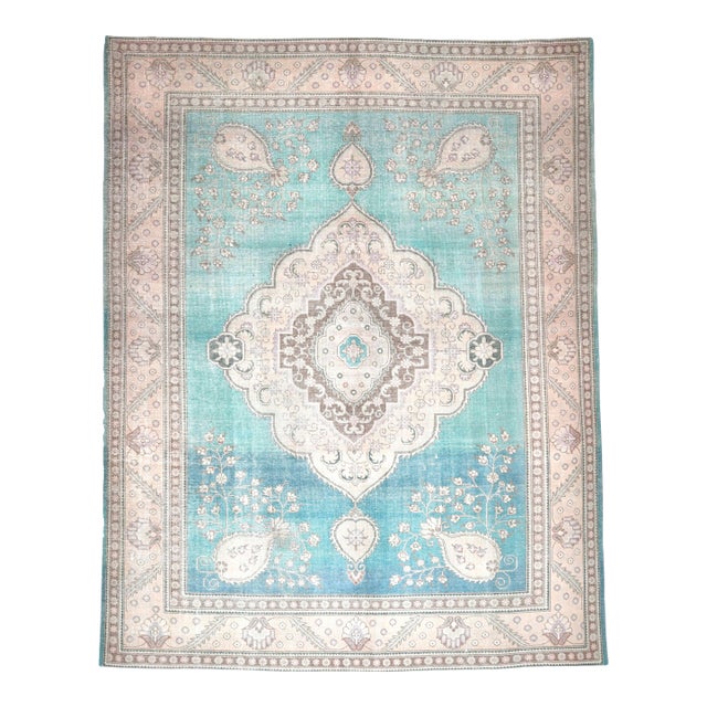 1960s Vintage Persian Handmade Wool Cotton Turquoise Area Rug For Sale