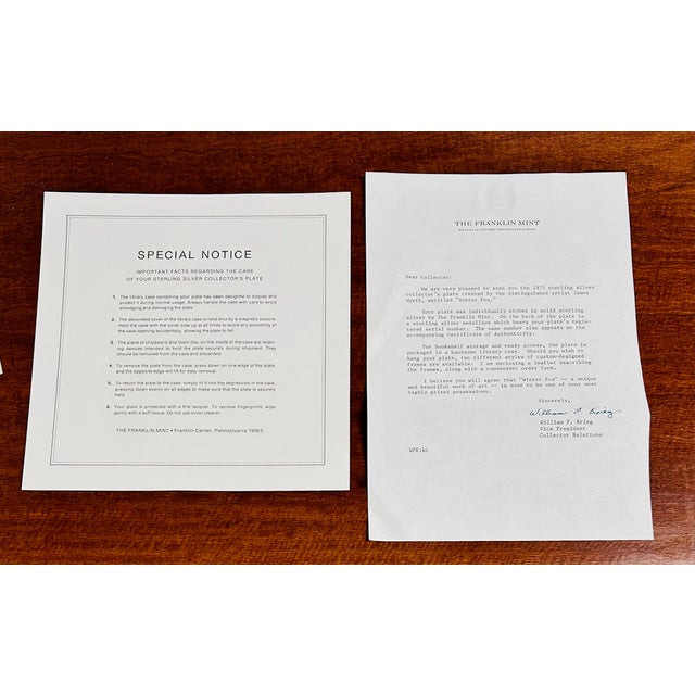 1973 Winter Fox Plate by James Wyeth "Sterling Silver" Franklin Mint For Sale - Image 9 of 10