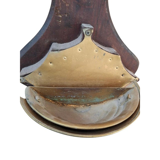 Vintage Wall-Mounted Brass and Wood Washbasin with Cross, 1920 For Sale - Image 6 of 11