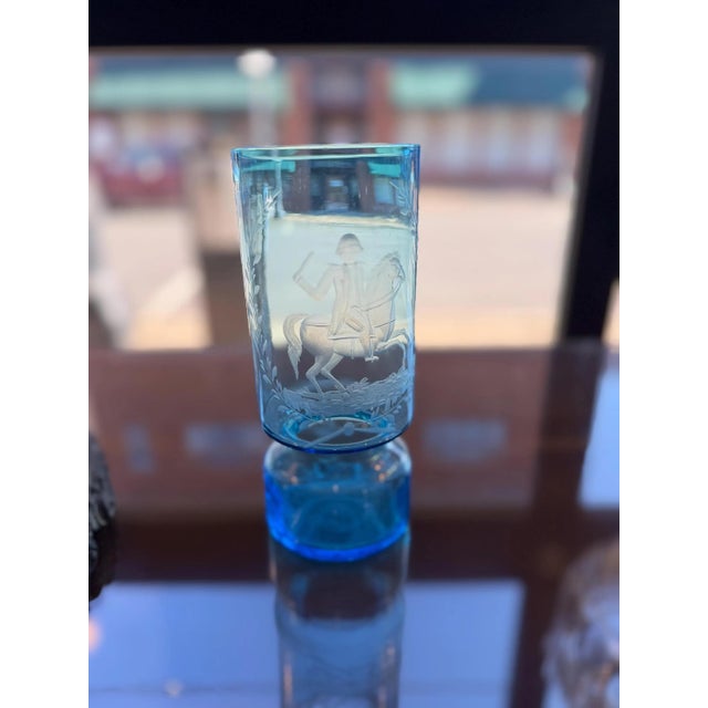 Antique Victorian Blue Etched Glass Vase- American Bicentennial- Rare Find For Sale - Image 9 of 10