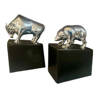 Polished Chrome Bull and Bear Bookends Paperweights Wall Street For Sale