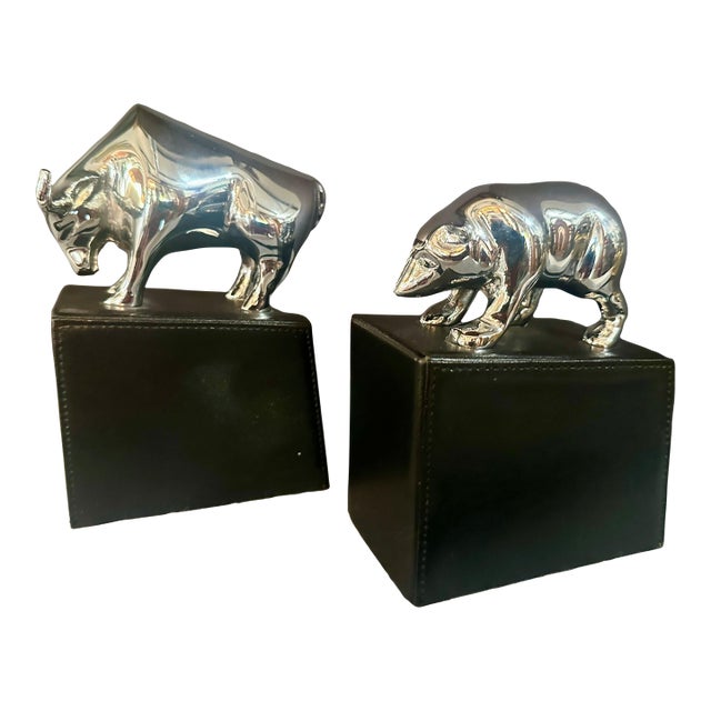 Vintage Chrome & Leather Bull and Bear Bookends Wall Street For Sale