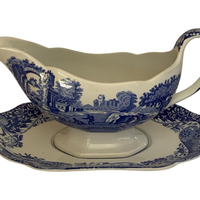 Italian Vintage Authentic Spode Blue Italian Gray Boat & Under Plate England For Sale - Image 3 of 8