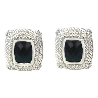 1990s Pair of Judith Ripka Estate Onyx Omega Back Earrings Sterling Silver 14 Grams For Sale