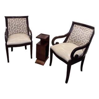 Pair of Custom Dark Wood Scroll Arm Accent Chairs – Greek Key Upholstery For Sale