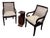 Pair of Custom Dark Wood Scroll Arm Accent Chairs – Greek Key Upholstery For Sale