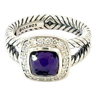 1990s David Yurman Amethyst Black Orquid Diamond Ring Size 7.5 Silver Estate For Sale