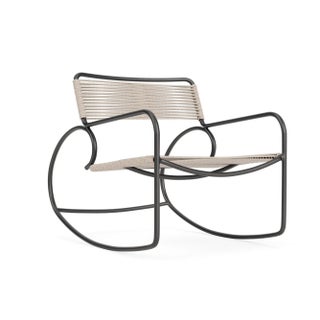 Brown Jordan Walter Lamb Rocking Chair, Textured Pewter frame with Pebble fabric For Sale
