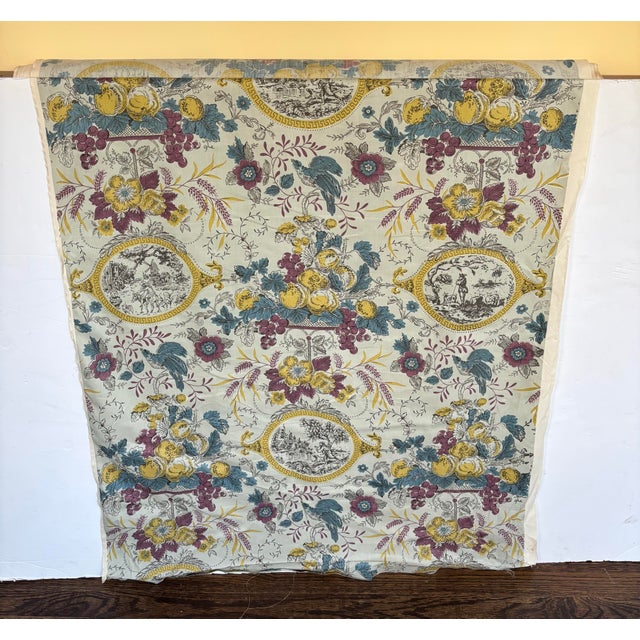 15 yards of toile fabric in celadon, burgundy blue/green and mustard