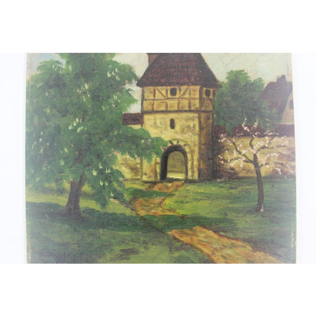 Vintage Oil Painting of a Landscape With Castle Gate Unframed Small Europe For Sale - Image 6 of 8
