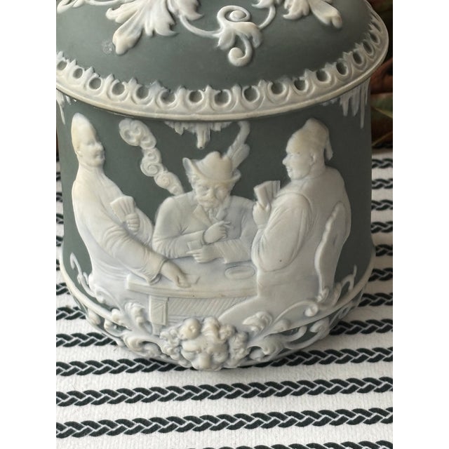 Ceramic Antique Schafer & Vater Matte Sage Green & White Applied Relief Jasperware Style Lidded Jar For Sale - Image 7 of 10