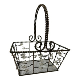 Vintage Late 20th Century Aged Iron and Acrylic Leaf Accent Basket With Handle For Sale
